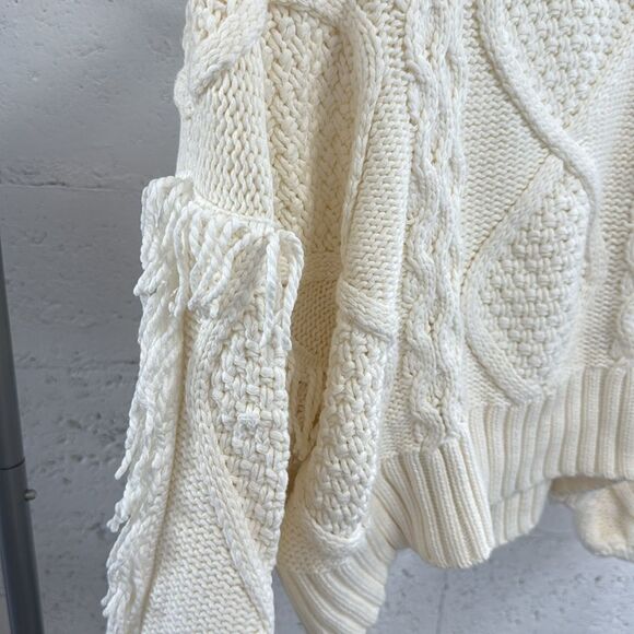 Cozy Cream Cable Knit Sweater - Line & Dot - Size Small Fringe Pullover - NWOT - Picture 2 of 4
